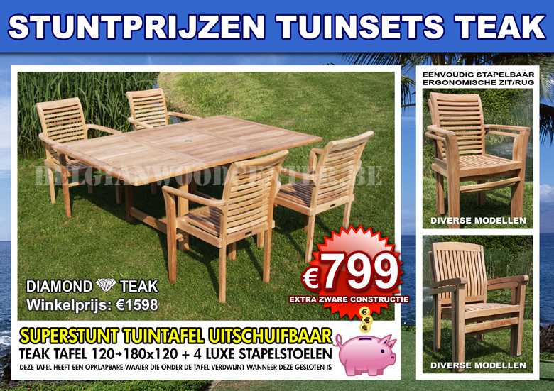 Tuinsets teak - Tuintafel teak + 4 luxe stapelstoelen
